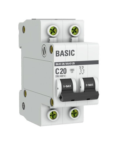 Автоматический выключатель 2P 20А (C) 4,5кА ВА 47-29 Basic (mcb4729-2-20C). Автоматический выключатель. EKF в Твери