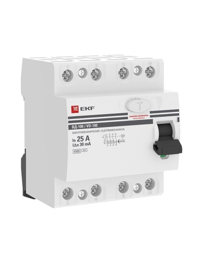 УЗО ВД-100 4P 25А 30мА тип AC эл-мех  PROxima (elcb-4-25-30-em-pro). Выключатель дифференциального тока (УЗО). EKF в Твери