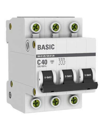 Автоматический выключатель 3P 40А (C) 4,5кА ВА 47-29 Basic (mcb4729-3-40C). Автоматический выключатель. EKF в Твери