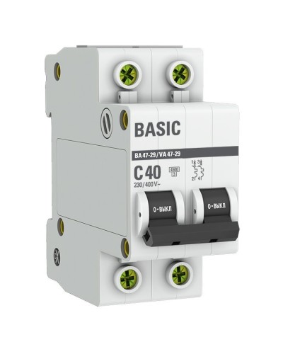 Автоматический выключатель 2P 40А (C) 4,5кА ВА 47-29 Basic (mcb4729-2-40C). Автоматический выключатель. EKF в Твери