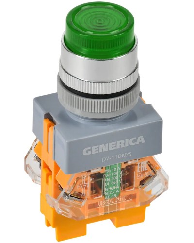 Кнопка D7-11DNZS d=22мм зеленая GENERICA (BBT50-11DNZS-3-11-K06-G). Кнопка управления с подсветкой и фиксацией. IEK в Твери