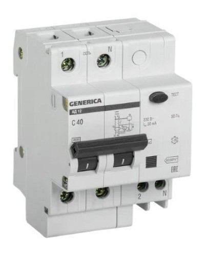 GENERICA АД12 2Р 40А 30мА (MAD15-2-040-C-030). Автоматический выключатель дифференциального тока. IEK в Твери