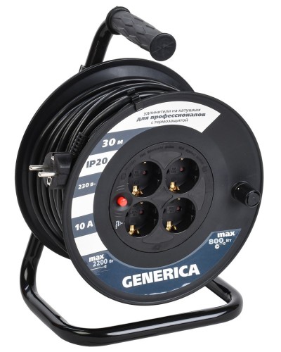 УК30 4 места 2P+PE, 30м GENERICA (WKP10-10-04-30-G). Удлинитель на катушке с термозащитой, 3х1,0кв.мм. IEK в Твери